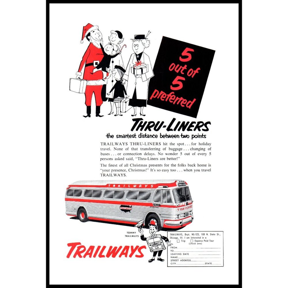 1953 Trailways Coach Bus Lines Vintage Print Ad Santa Christmas Gifts Wall Art